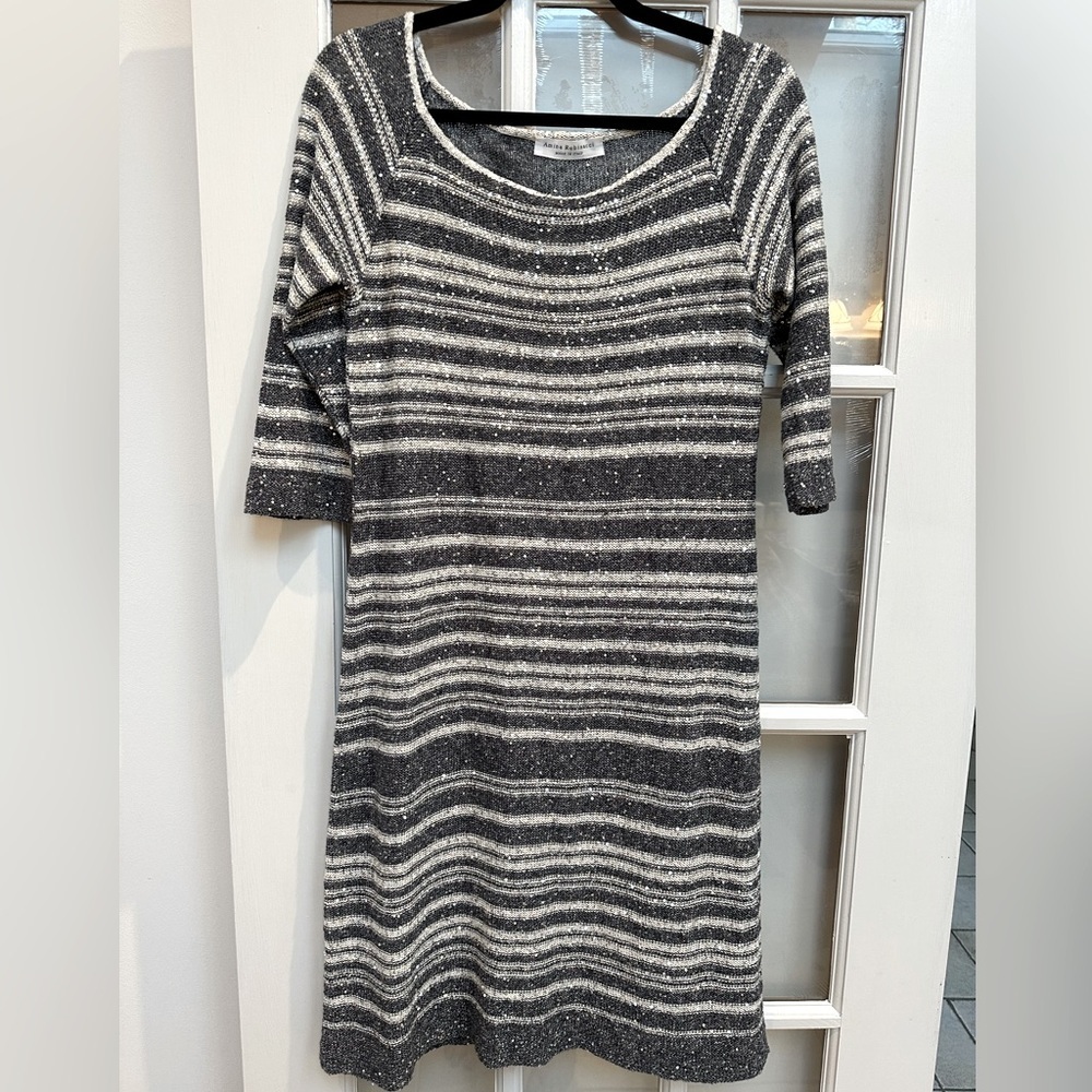 Amina Rubinacci Textured Sequin Grey Linen Blend Knit Sweater Dress Size Medium